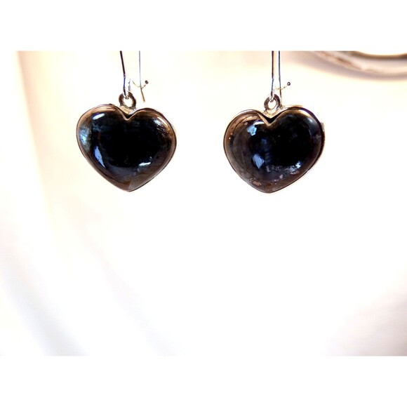 Natural Larvikite Black Moonstone Sterling Silver Earrings Heart Shaped Handmade - Picture 4 of 6